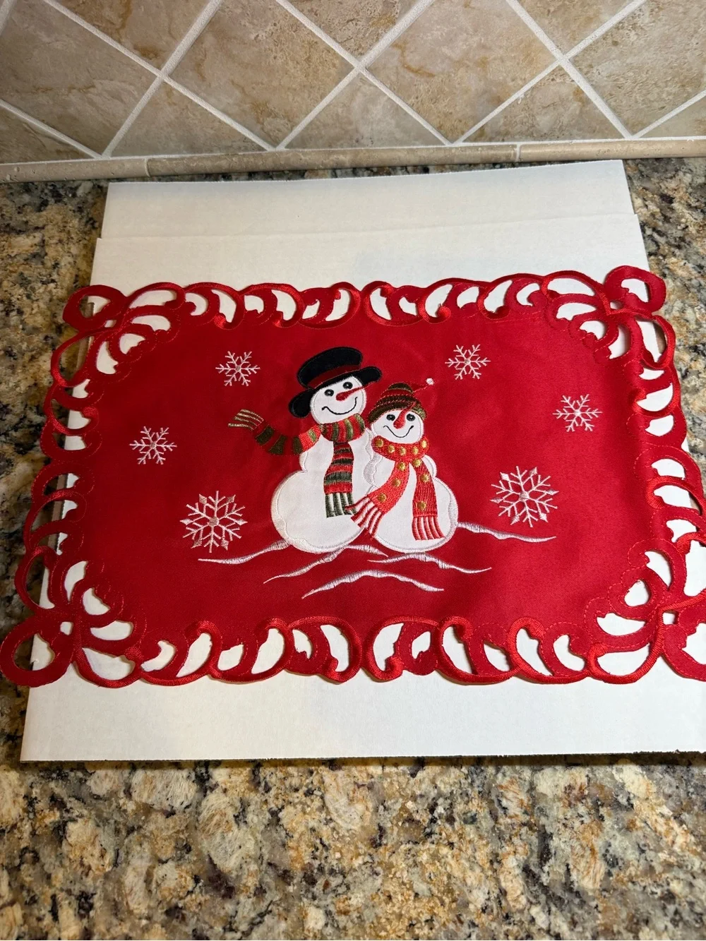 Christmas Embroidered Snowman Cutwork Placemats, set of 4, red, beautiful